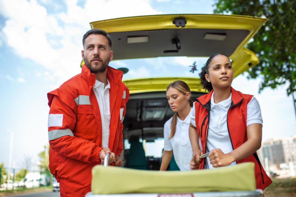 SAM medical team preparing equipment before a patient transfer